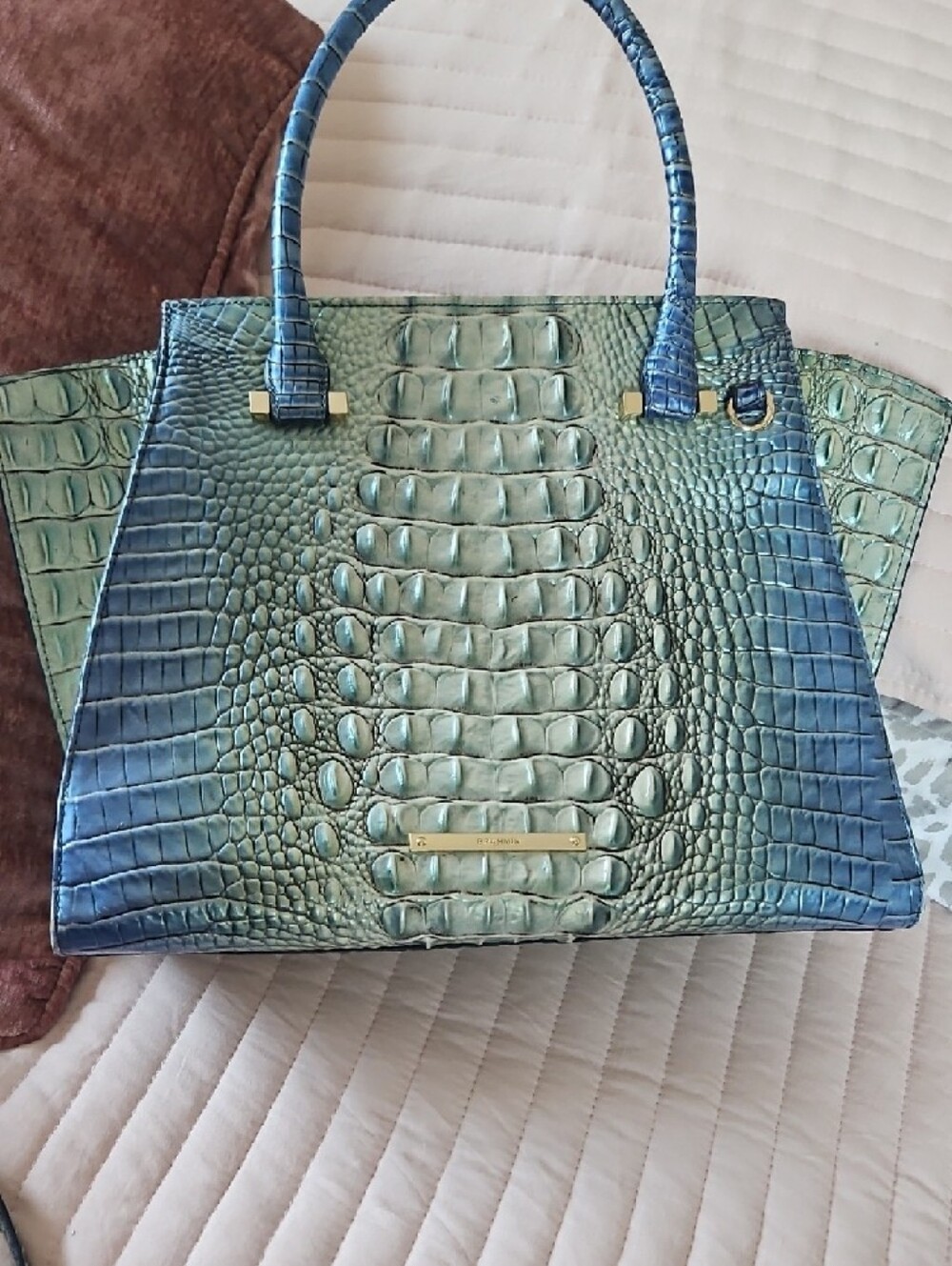 Brahmin Priscilla Blue Green Croc-Embossed Satchel
